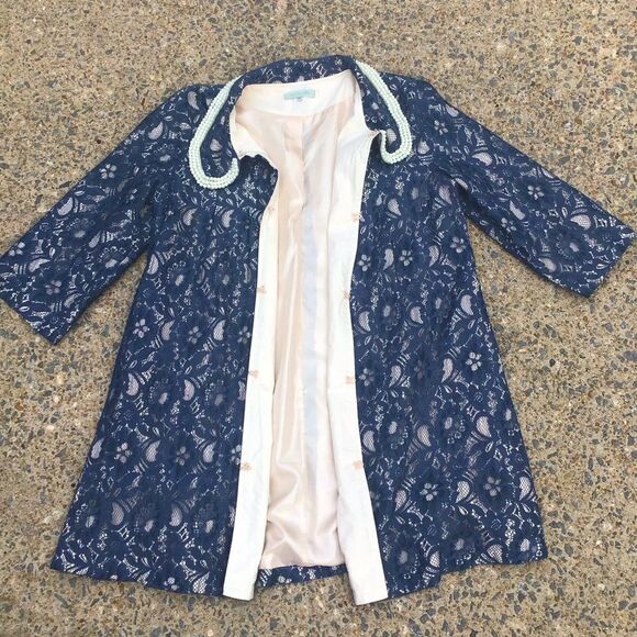 Pearlcore Blue Lace with Pearl Collar Dress Coat by Stella VTG - Picture 1 of 10